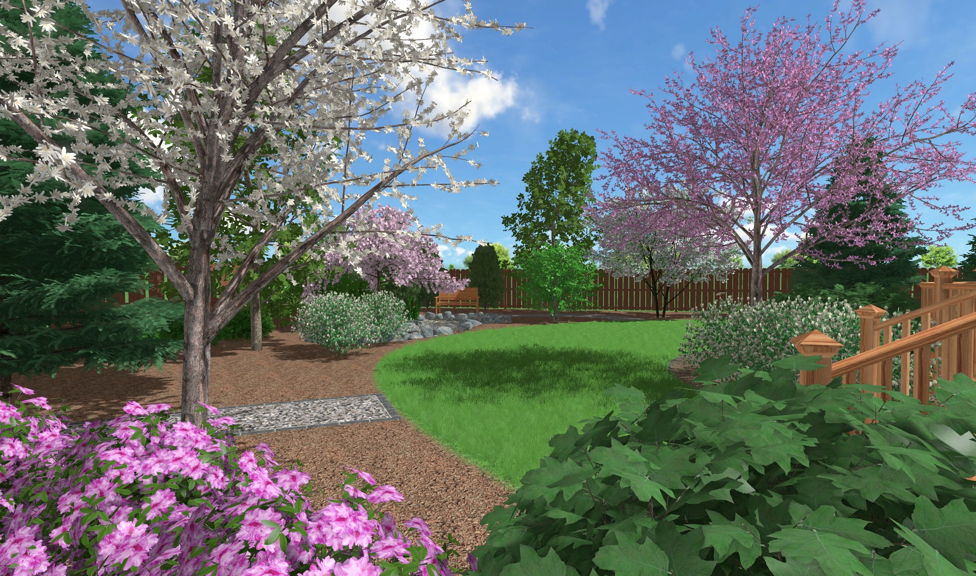 Spring view of Backyard landscape design
